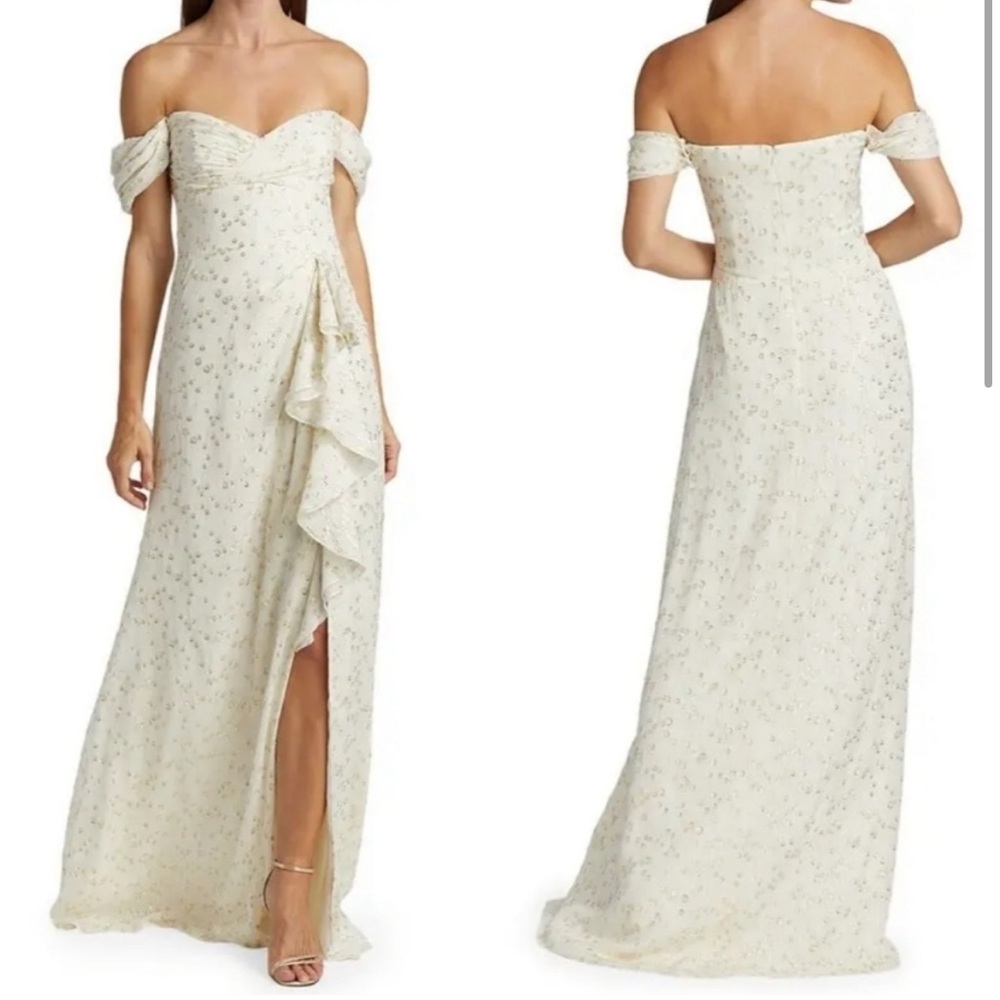 Monique Lhuillier off the shoulder chiffon/ metallic dress. Size 2